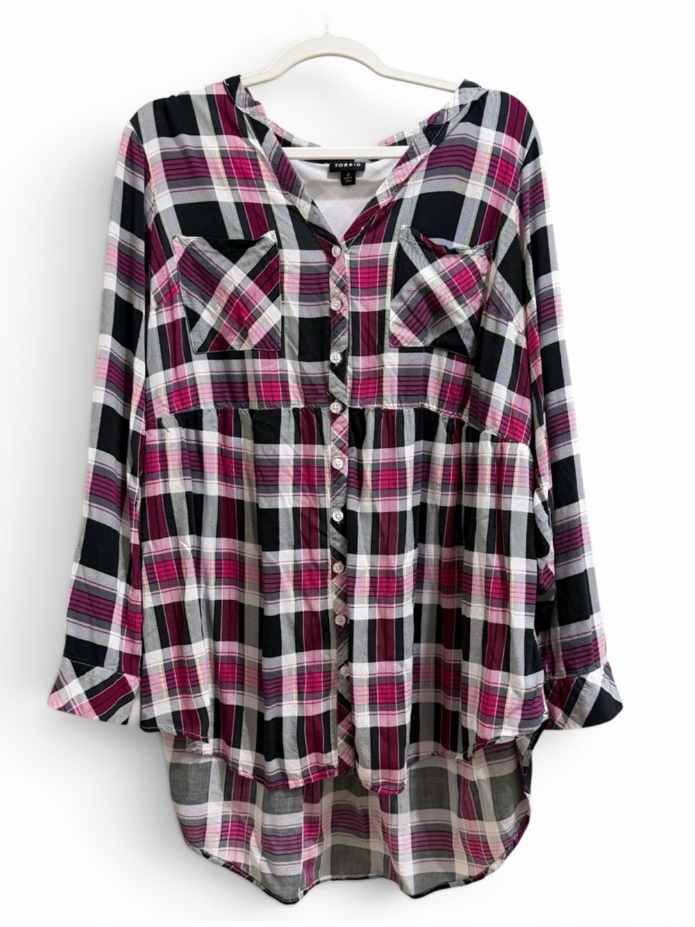 Torrid Size 2 18/20 Pink Black Plaid Babydoll Button Front Tunic Top